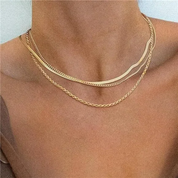 ✨ Layered Gold Cuban Herringbone Necklace | Double Chain Non-Tarnish Jewelry - Picture 3 of 5